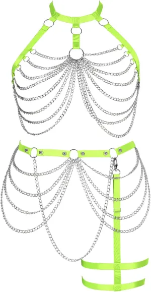 Women's Body Harness Bra Plus Size Cage Metal Chain Bra Stockings Fashion Garter Set Punk Gothic Carnival Dance Costume