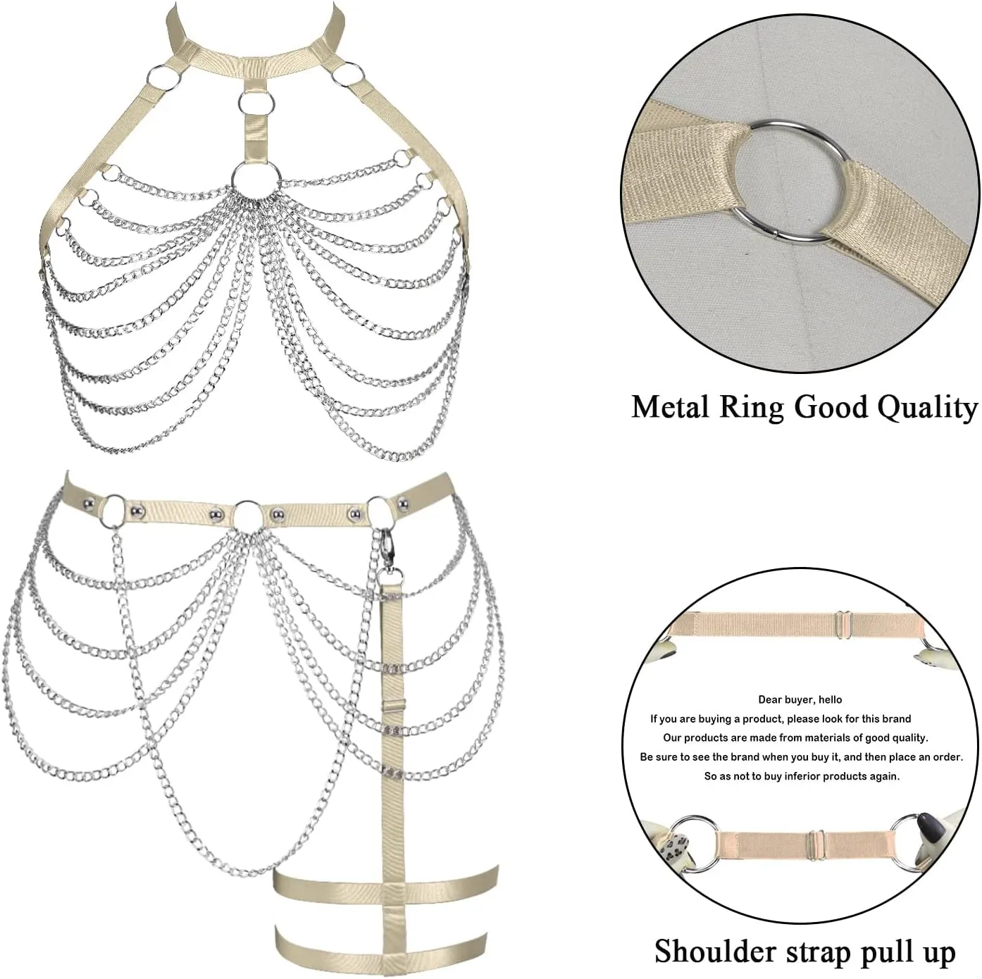 Women's Body Harness Bra Plus Size Cage Metal Chain Bra Stockings Fashion Garter Set Punk Gothic Carnival Dance Costume