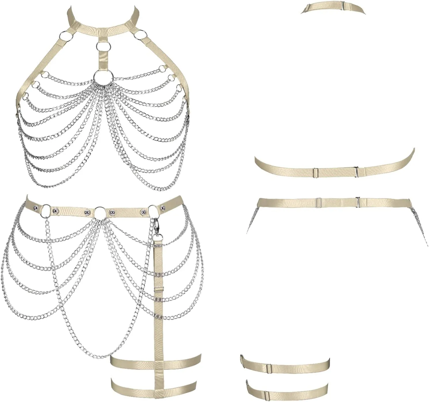 Women's Body Harness Bra Plus Size Cage Metal Chain Bra Stockings Fashion Garter Set Punk Gothic Carnival Dance Costume