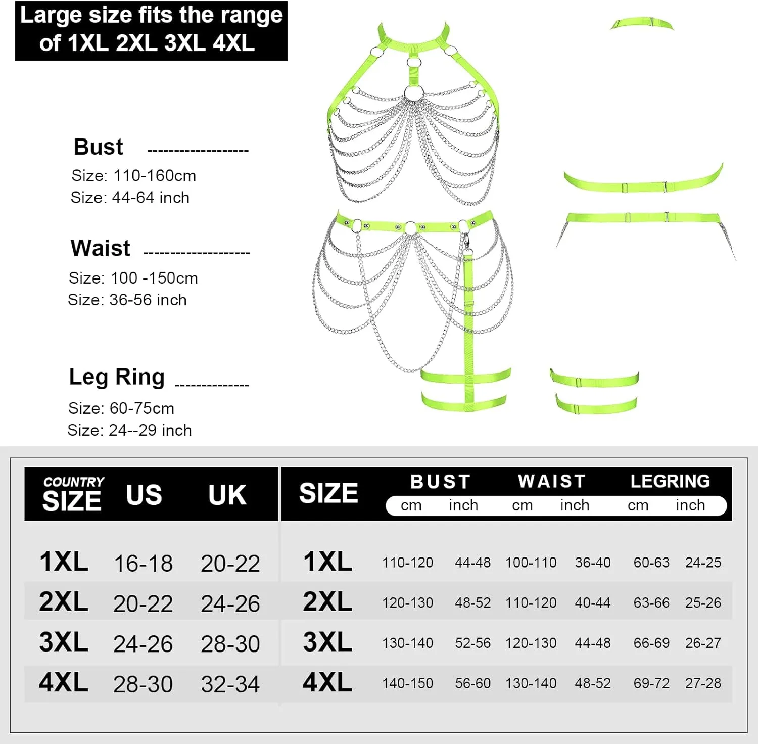 Women's Body Harness Bra Plus Size Cage Metal Chain Bra Stockings Fashion Garter Set Punk Gothic Carnival Dance Costume