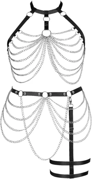 Women's Body Harness Bra Plus Size Cage Metal Chain Bra Stockings Fashion Garter Set Punk Gothic Carnival Dance Costume