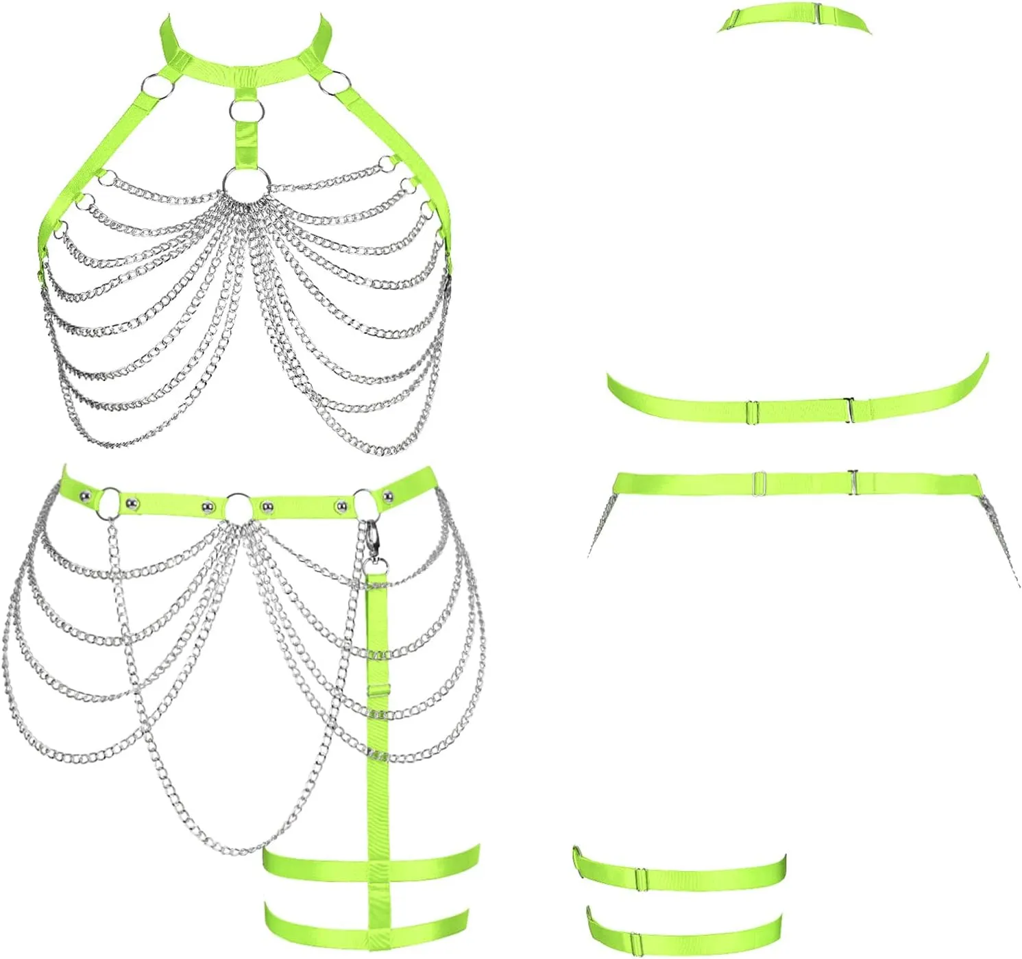 Women's Body Harness Bra Plus Size Cage Metal Chain Bra Stockings Fashion Garter Set Punk Gothic Carnival Dance Costume