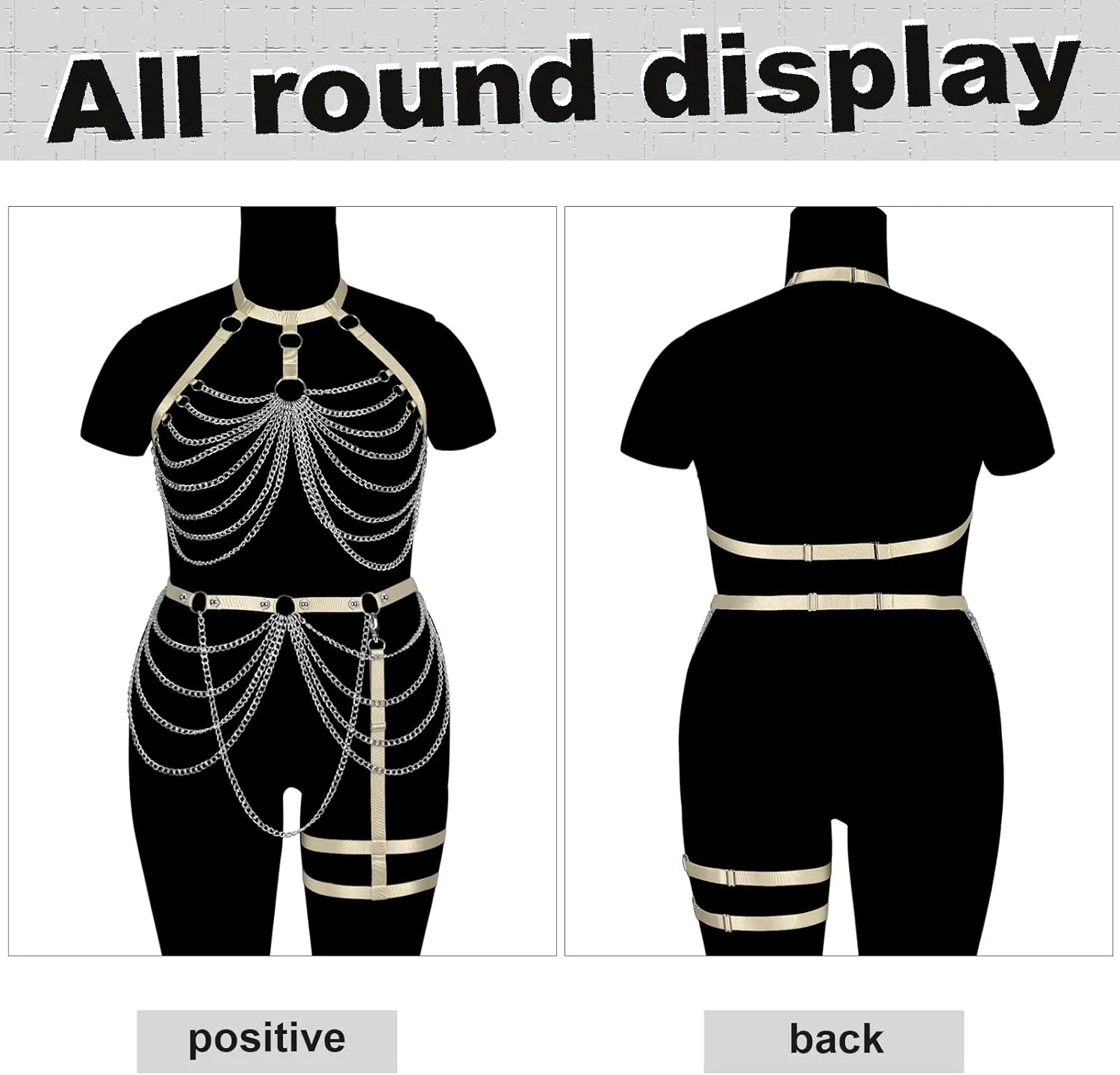 Women's Body Harness Bra Plus Size Cage Metal Chain Bra Stockings Fashion Garter Set Punk Gothic Carnival Dance Costume