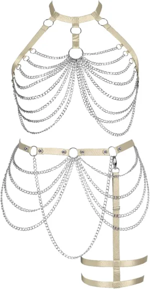 Women's Body Harness Bra Plus Size Cage Metal Chain Bra Stockings Fashion Garter Set Punk Gothic Carnival Dance Costume