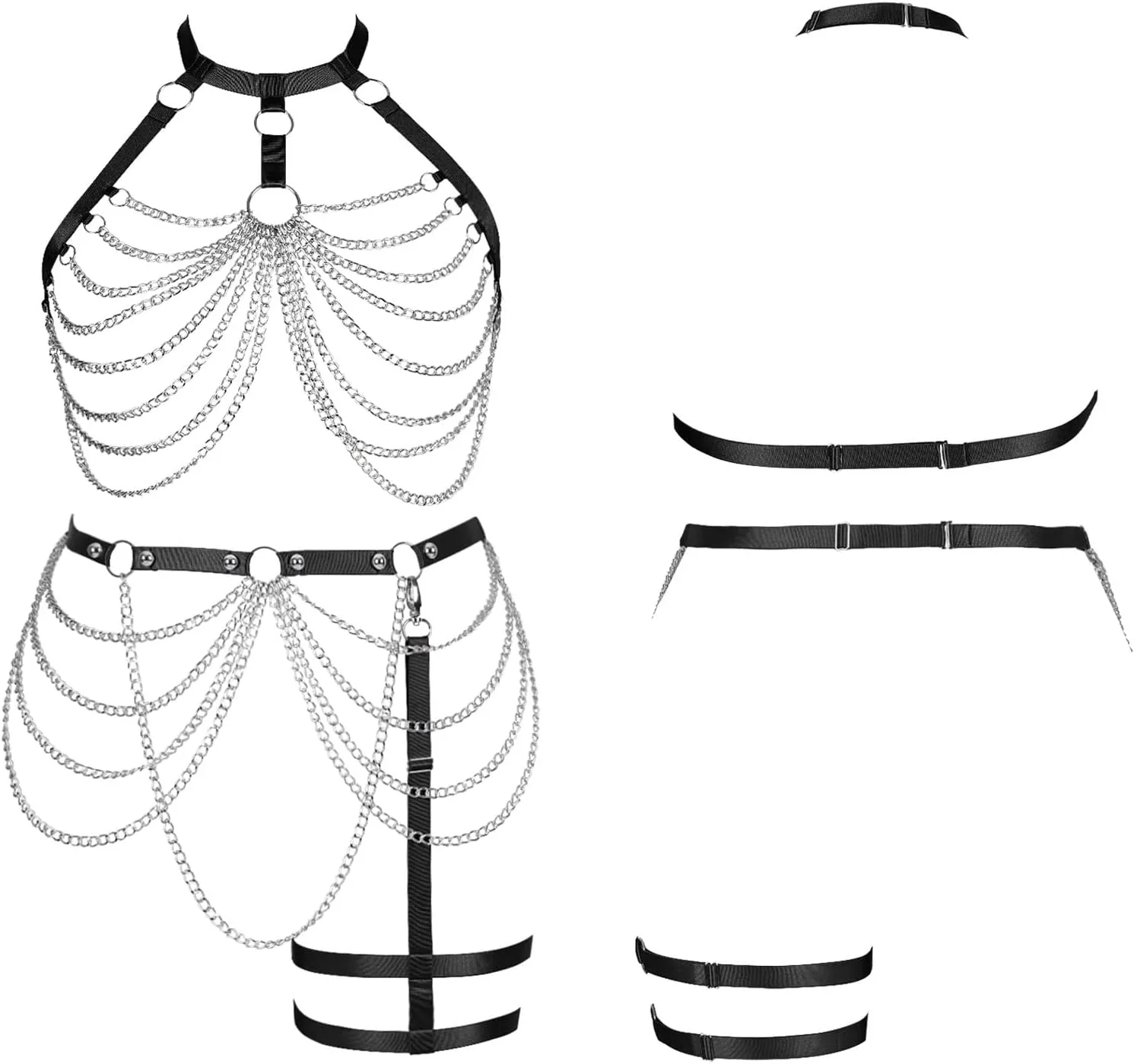 Women's Body Harness Bra Plus Size Cage Metal Chain Bra Stockings Fashion Garter Set Punk Gothic Carnival Dance Costume