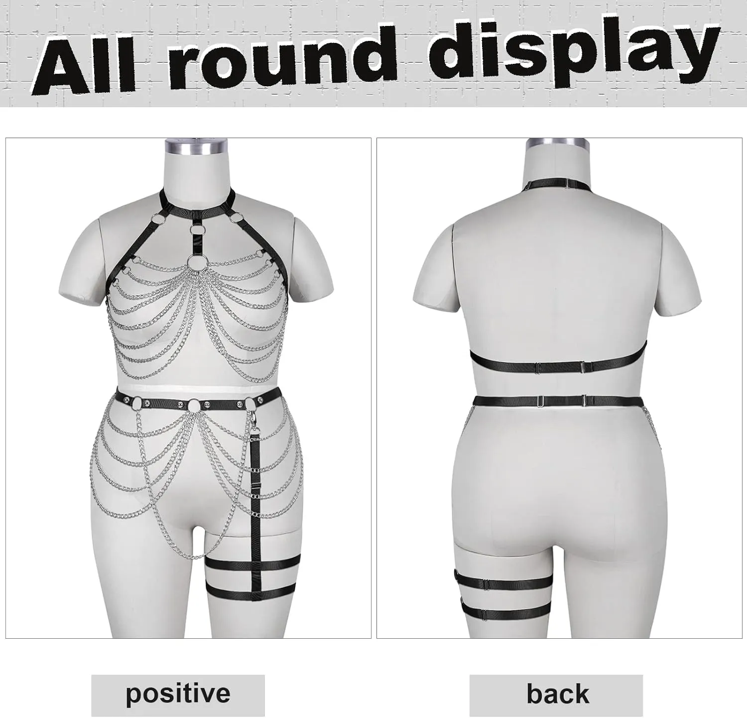 Women's Body Harness Bra Plus Size Cage Metal Chain Bra Stockings Fashion Garter Set Punk Gothic Carnival Dance Costume