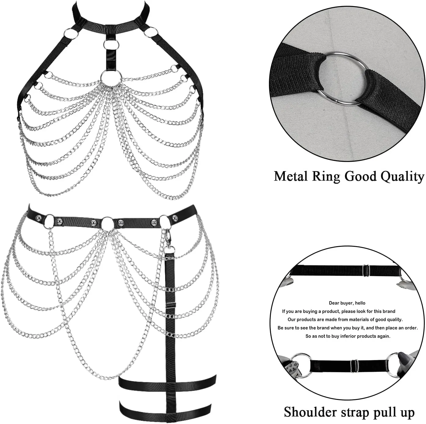 Women's Body Harness Bra Plus Size Cage Metal Chain Bra Stockings Fashion Garter Set Punk Gothic Carnival Dance Costume