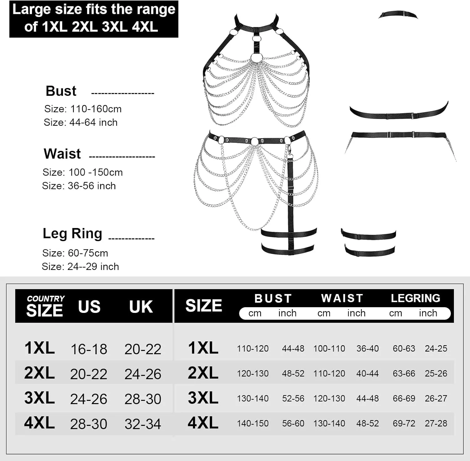 Women's Body Harness Bra Plus Size Cage Metal Chain Bra Stockings Fashion Garter Set Punk Gothic Carnival Dance Costume