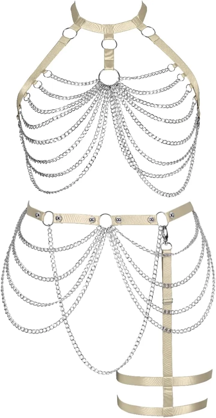 Women's Body Harness Bra Plus Size Cage Metal Chain Bra Stockings Fashion Garter Set Punk Gothic Carnival Dance Costume