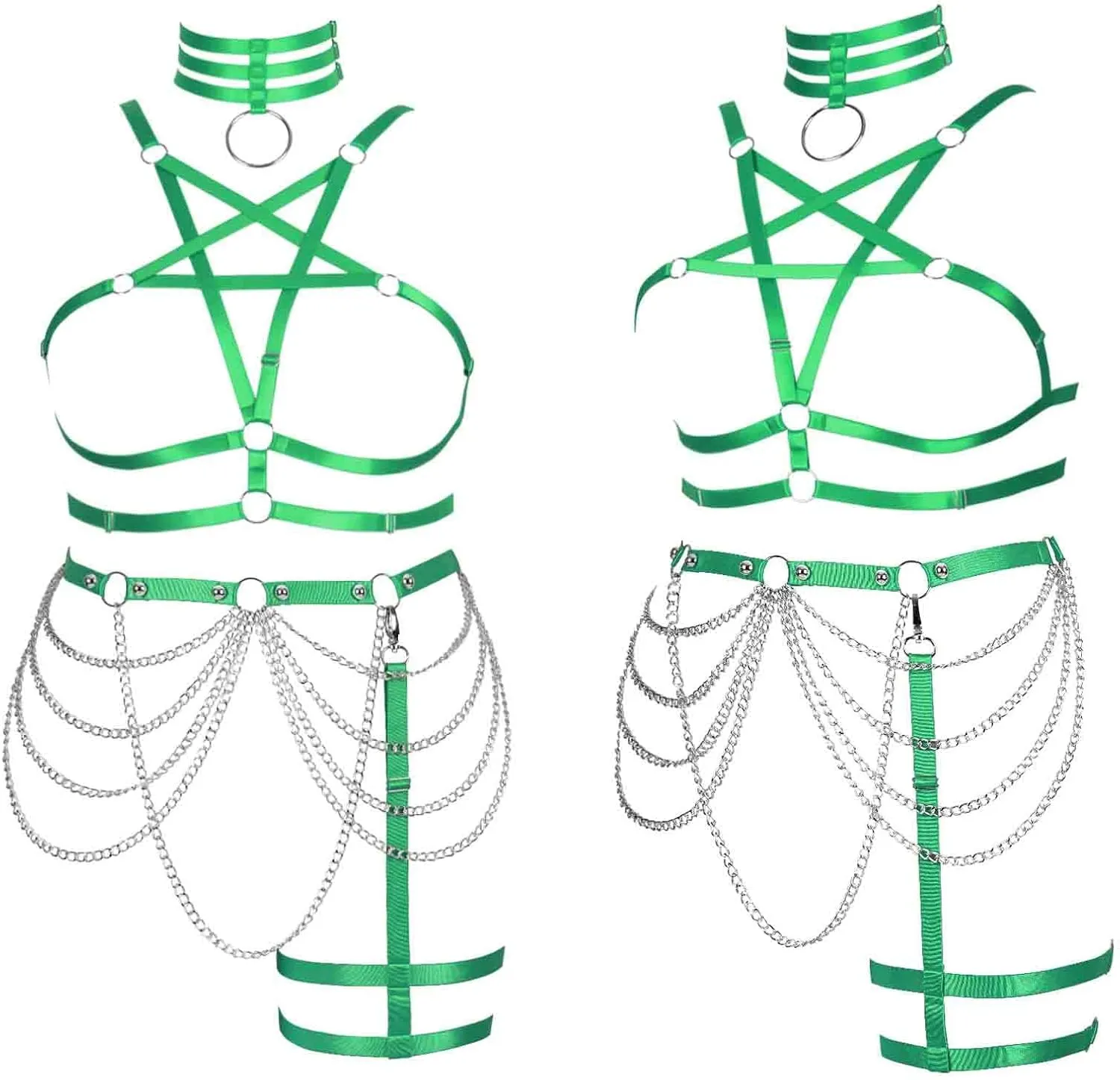 Women's Body Harness Pentagram Bra Plus Size Cage Bra Stockings Garter Set Punk Gothic Carnival Halloween Dance Costume