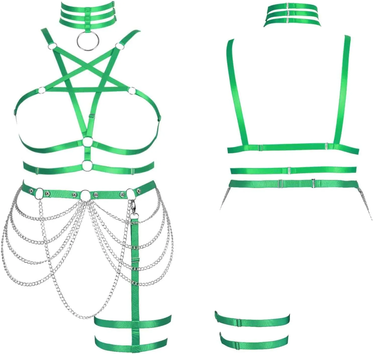 Women's Body Harness Pentagram Bra Plus Size Cage Bra Stockings Garter Set Punk Gothic Carnival Halloween Dance Costume