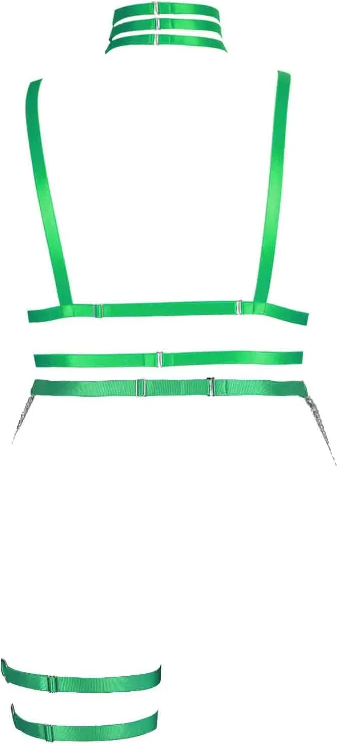 Women's Body Harness Pentagram Bra Plus Size Cage Bra Stockings Garter Set Punk Gothic Carnival Halloween Dance Costume