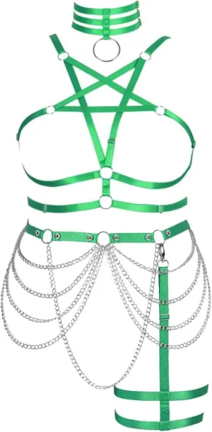 Women's Body Harness Pentagram Bra Plus Size Cage Bra Stockings Garter Set Punk Gothic Carnival Halloween Dance Costume
