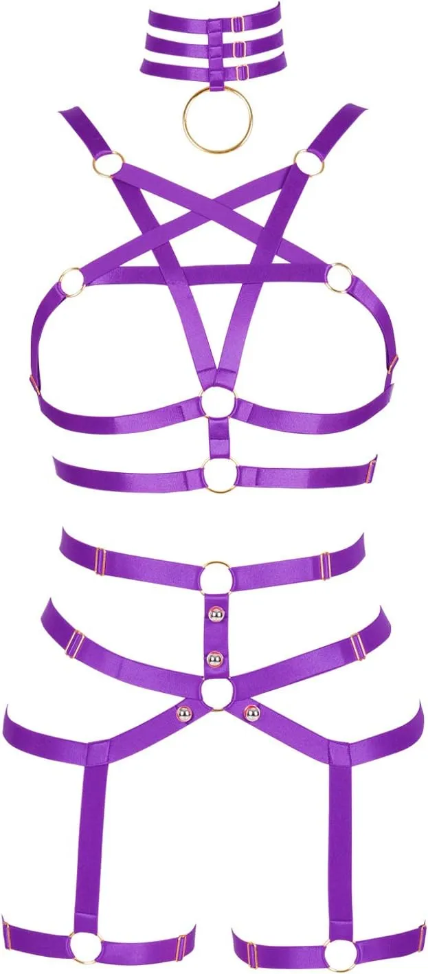 Womens Body Harness Punk Full Cage Lingerie Strappy Hollow Bra and Leg Garter Belts Set Harajuku Gothic Festival Rave Wear (Purple)
