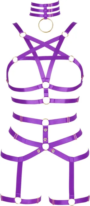 Womens Body Harness Punk Full Cage Lingerie Strappy Hollow Bra and Leg Garter Belts Set Harajuku Gothic Festival Rave Wear (Purple)