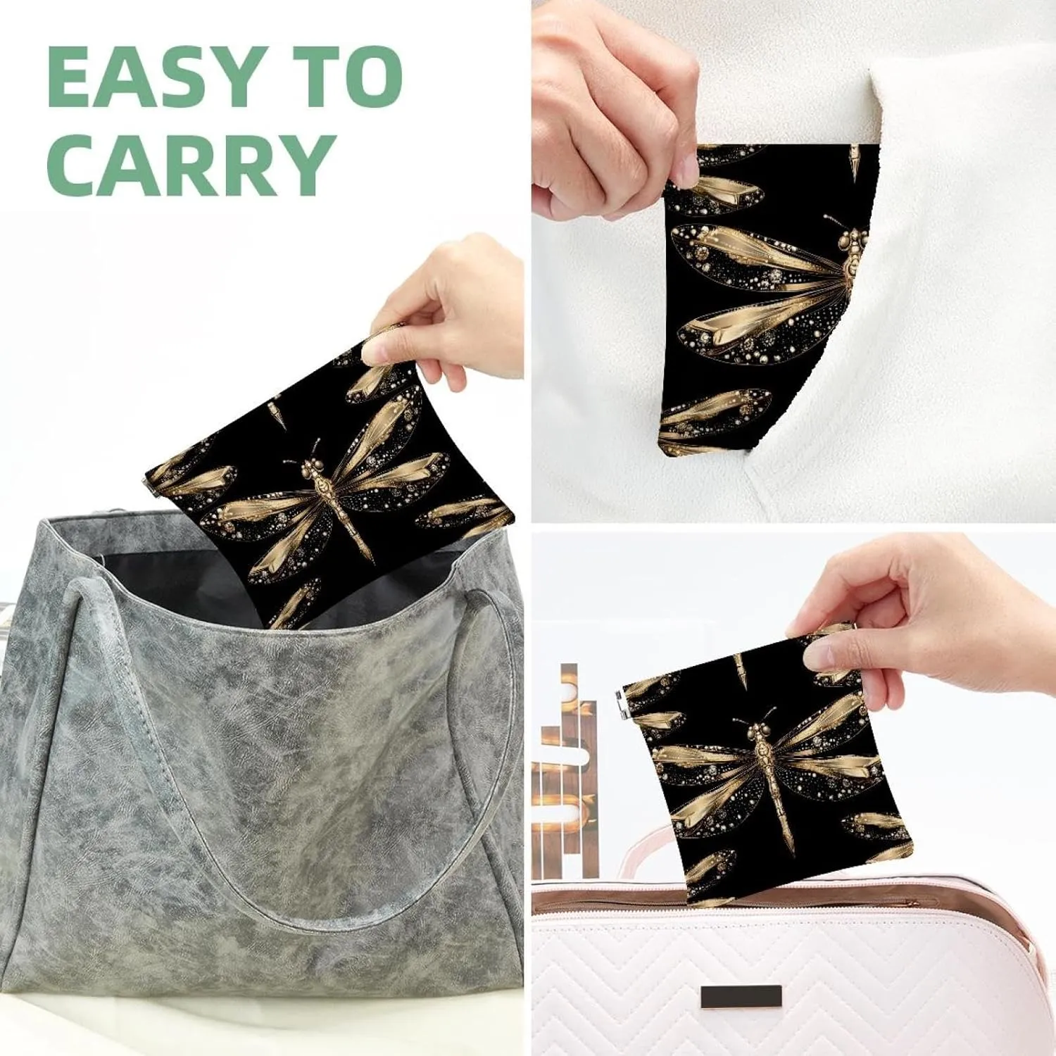 Women’s Pocket Cosmetic Bags, Waterproof Leather Makeup Bag No Zipper Self-Closing Makeup Pouch for Girls, Mini Bag for Purse - Gold Dragonflies with Sparkling Wings