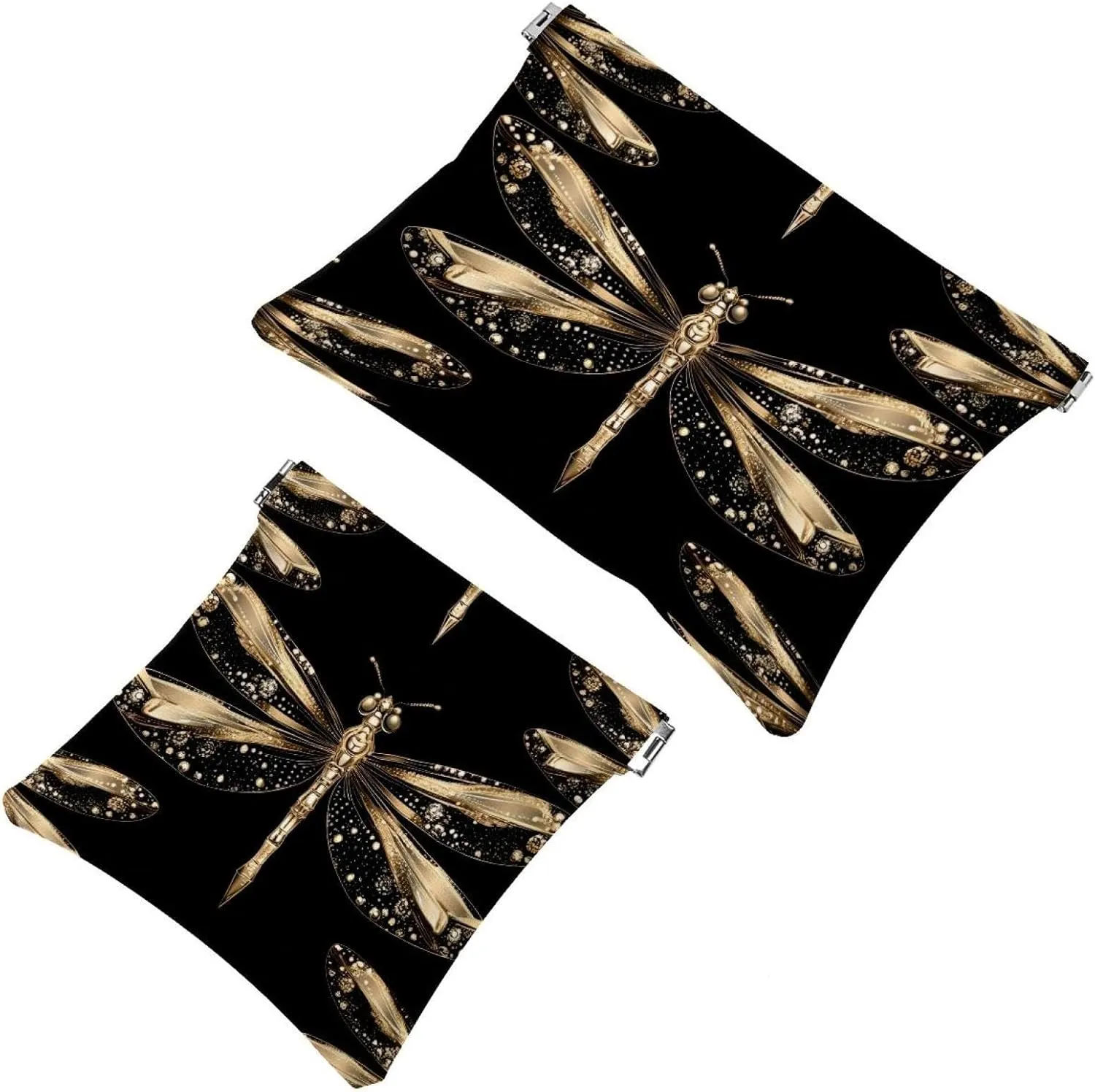 Women’s Pocket Cosmetic Bags, Waterproof Leather Makeup Bag No Zipper Self-Closing Makeup Pouch for Girls, Mini Bag for Purse - Gold Dragonflies with Sparkling Wings