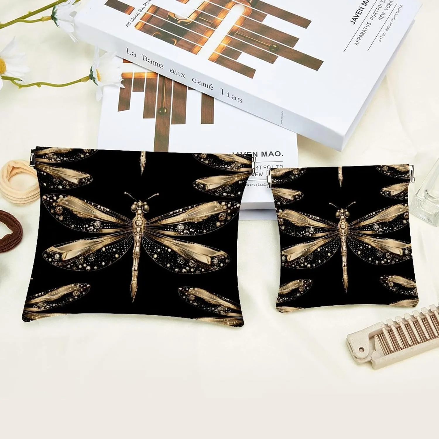 Women’s Pocket Cosmetic Bags, Waterproof Leather Makeup Bag No Zipper Self-Closing Makeup Pouch for Girls, Mini Bag for Purse - Gold Dragonflies with Sparkling Wings