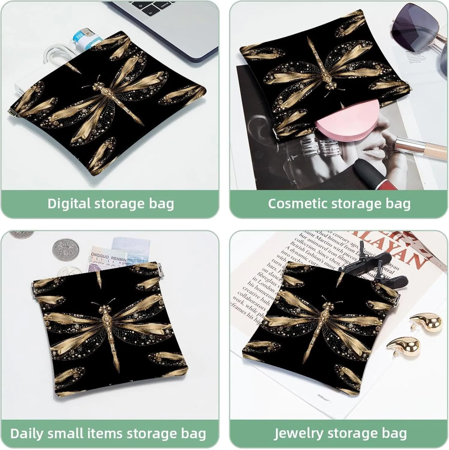 Women’s Pocket Cosmetic Bags, Waterproof Leather Makeup Bag No Zipper Self-Closing Makeup Pouch for Girls, Mini Bag for Purse - Gold Dragonflies with Sparkling Wings