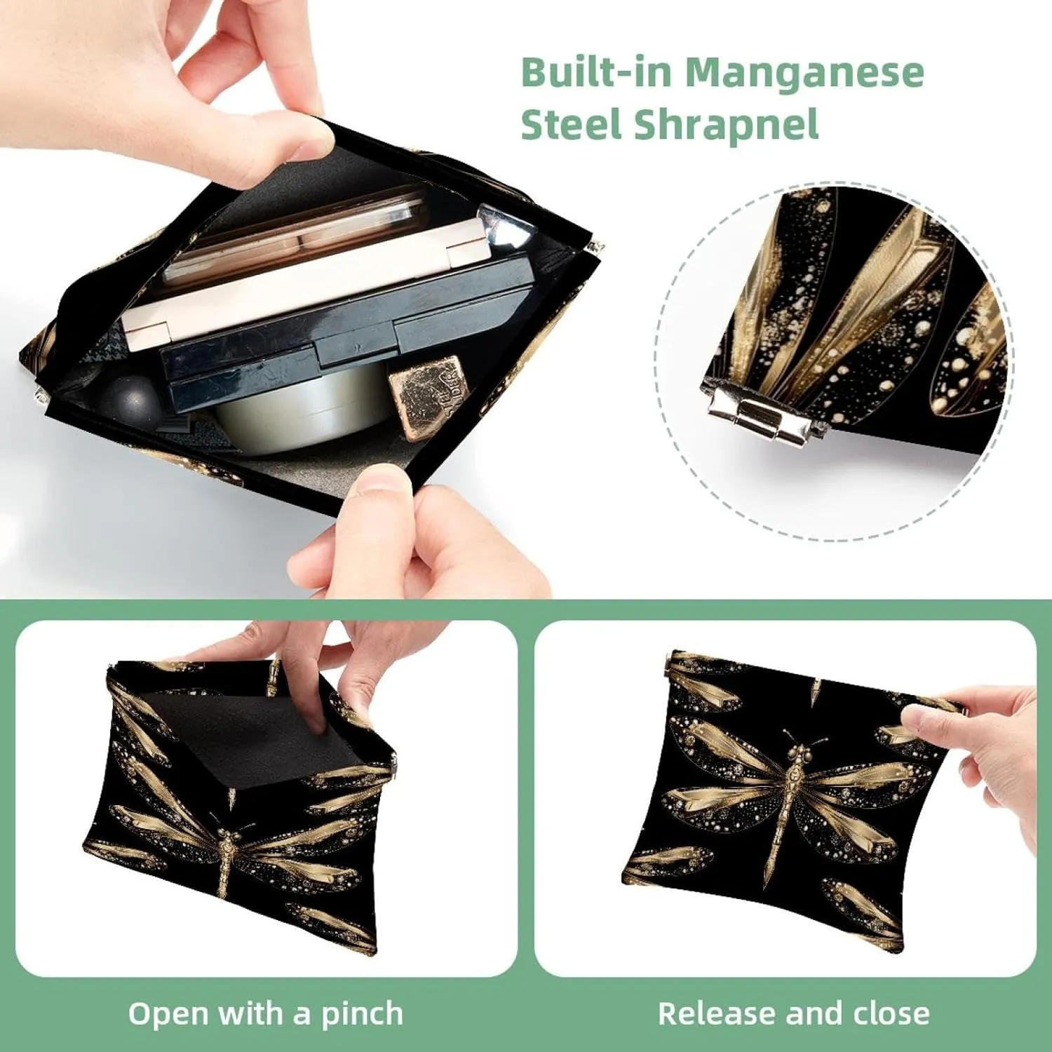 Women’s Pocket Cosmetic Bags, Waterproof Leather Makeup Bag No Zipper Self-Closing Makeup Pouch for Girls, Mini Bag for Purse - Gold Dragonflies with Sparkling Wings