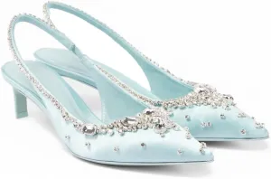 Women's Slingback Satin Pumps Rhinestone Pointed Toe Kitten Heel Sandals Sparkling Crystal Embellished Low Heels For Party Wedding Dating