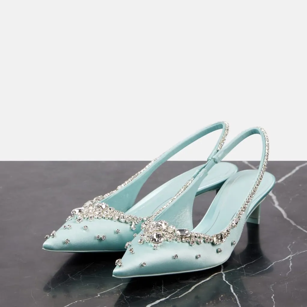 Women's Slingback Satin Pumps Rhinestone Pointed Toe Kitten Heel Sandals Sparkling Crystal Embellished Low Heels For Party Wedding Dating