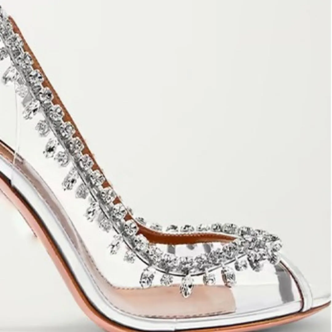 Women's Sparkly Rhinestone Clear Heels Jewel Embellished Round Toe Peep Toe Stiletto Sandals Sexy Prom Wedding Party Shoes