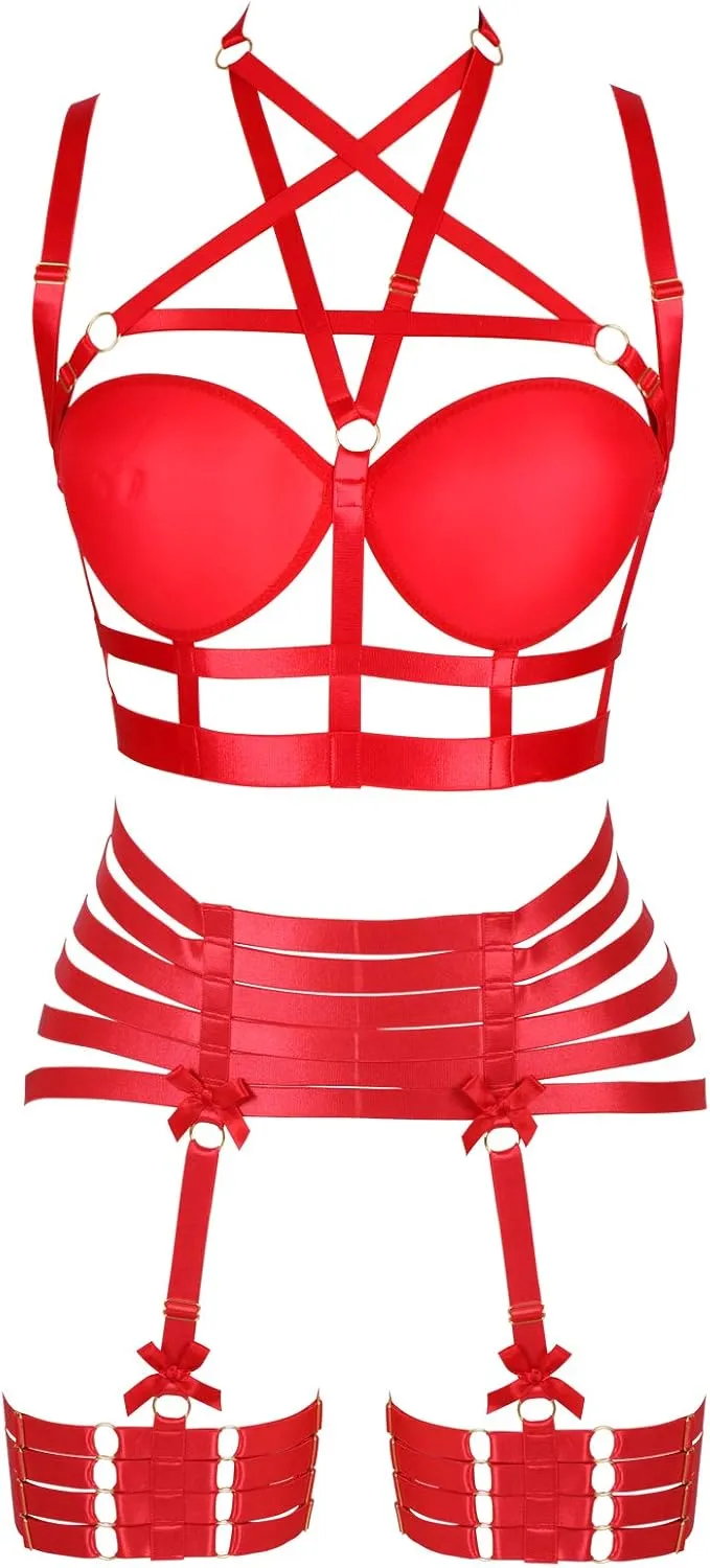 Womens Strappy Full Cage Body Harness Lingerie Garter Belt Set Elastic Hollow Tops Bralette Punk Gothic Festival Rave Wear