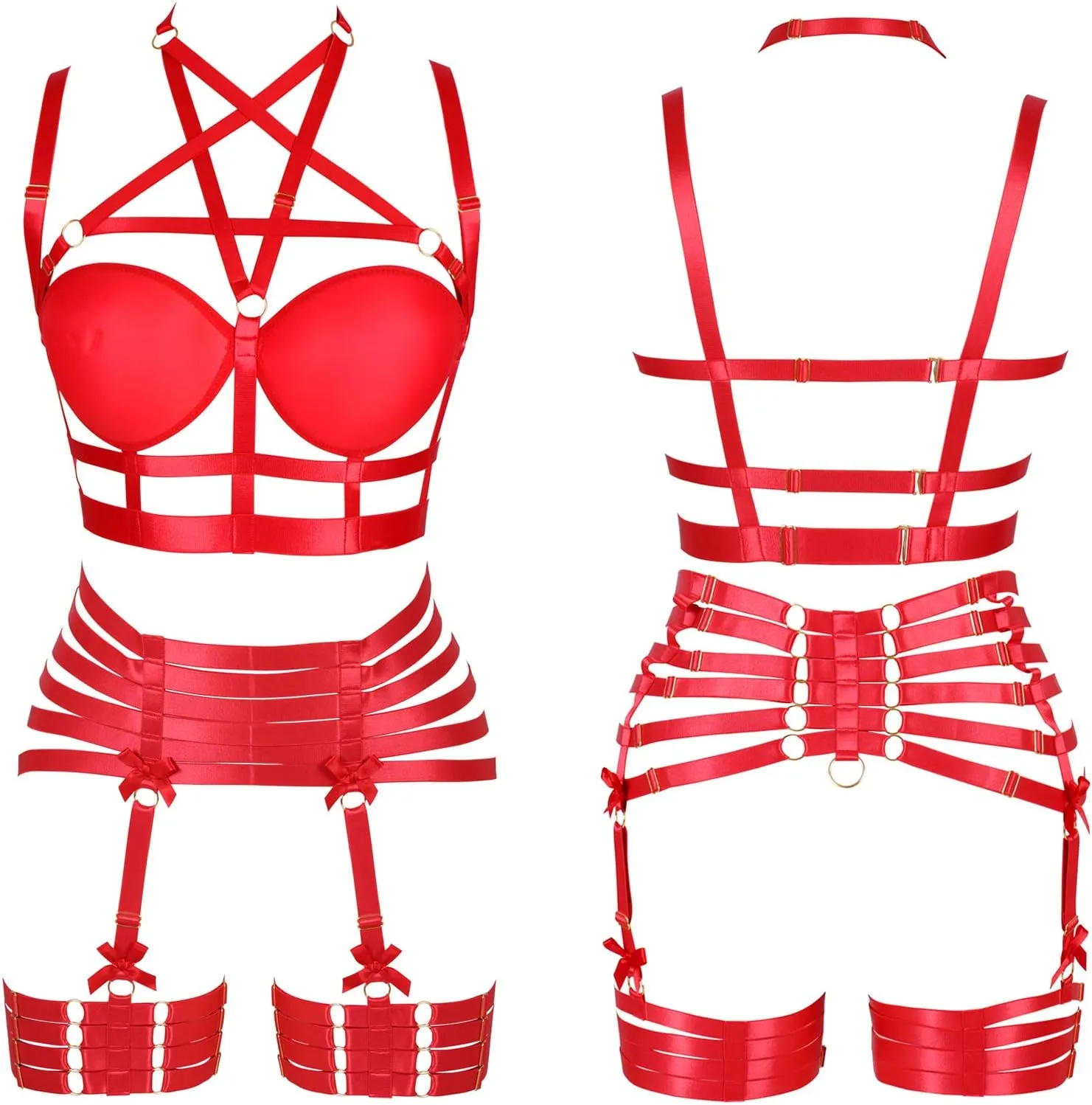 Womens Strappy Full Cage Body Harness Lingerie Garter Belt Set Elastic Hollow Tops Bralette Punk Gothic Festival Rave Wear