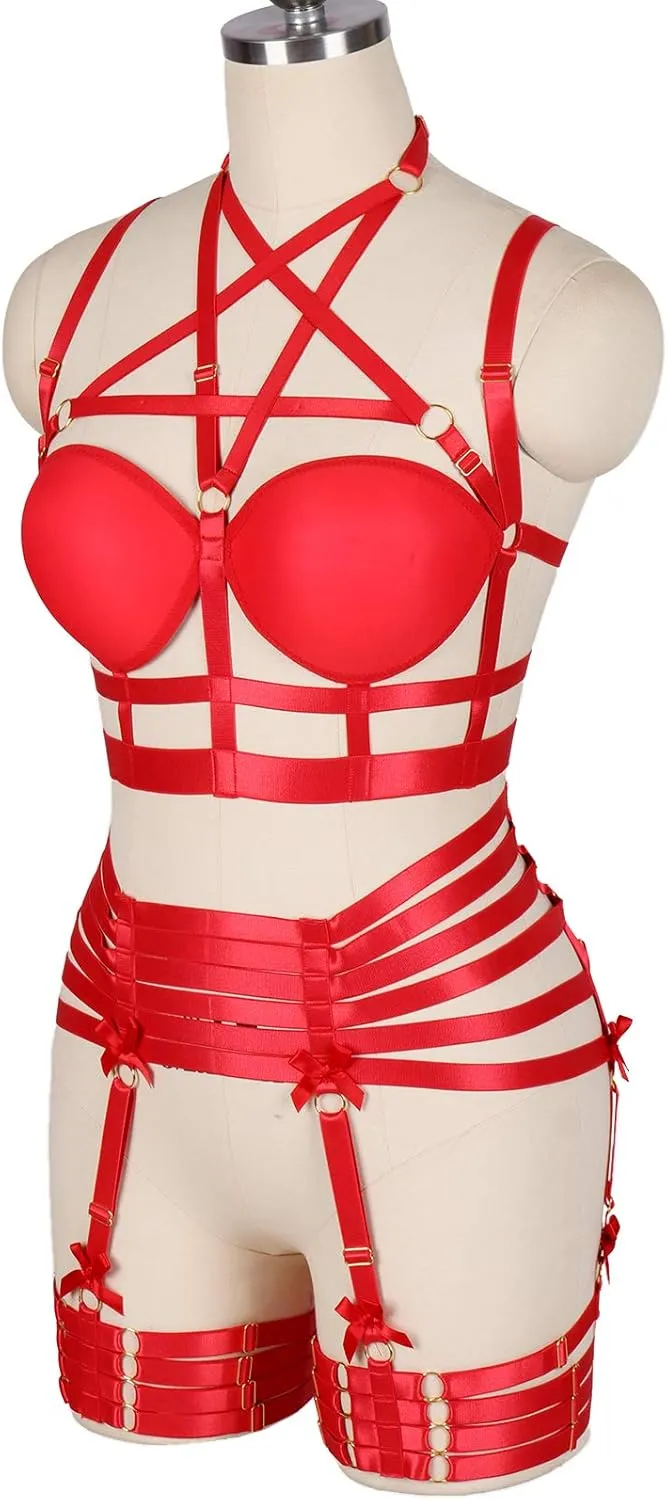Womens Strappy Full Cage Body Harness Lingerie Garter Belt Set Elastic Hollow Tops Bralette Punk Gothic Festival Rave Wear