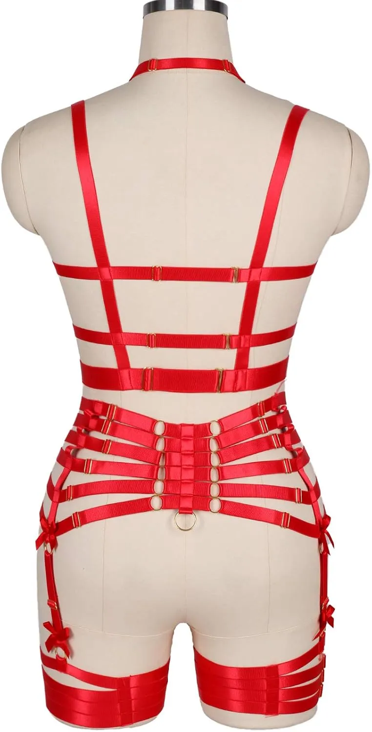 Womens Strappy Full Cage Body Harness Lingerie Garter Belt Set Elastic Hollow Tops Bralette Punk Gothic Festival Rave Wear
