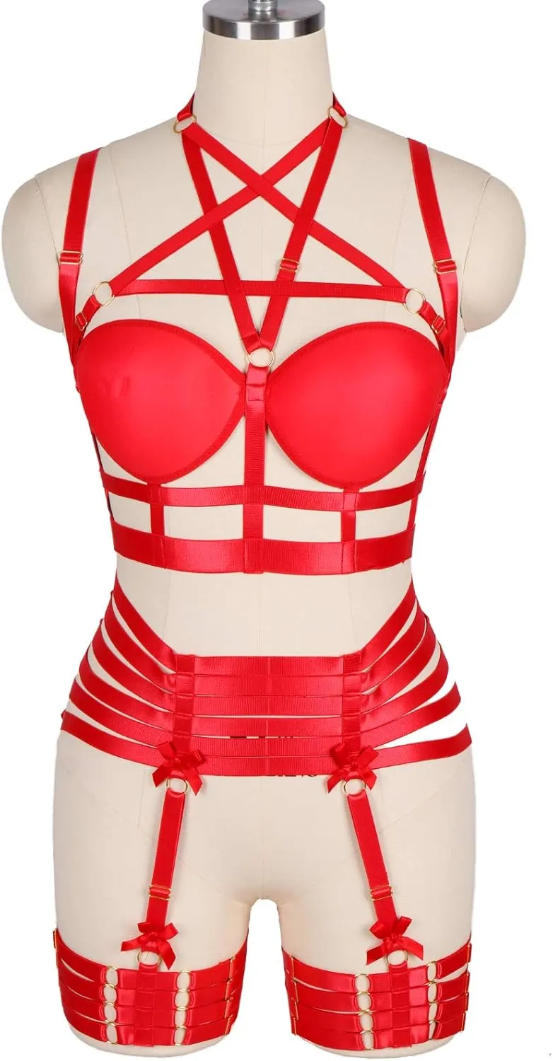 Womens Strappy Full Cage Body Harness Lingerie Garter Belt Set Elastic Hollow Tops Bralette Punk Gothic Festival Rave Wear