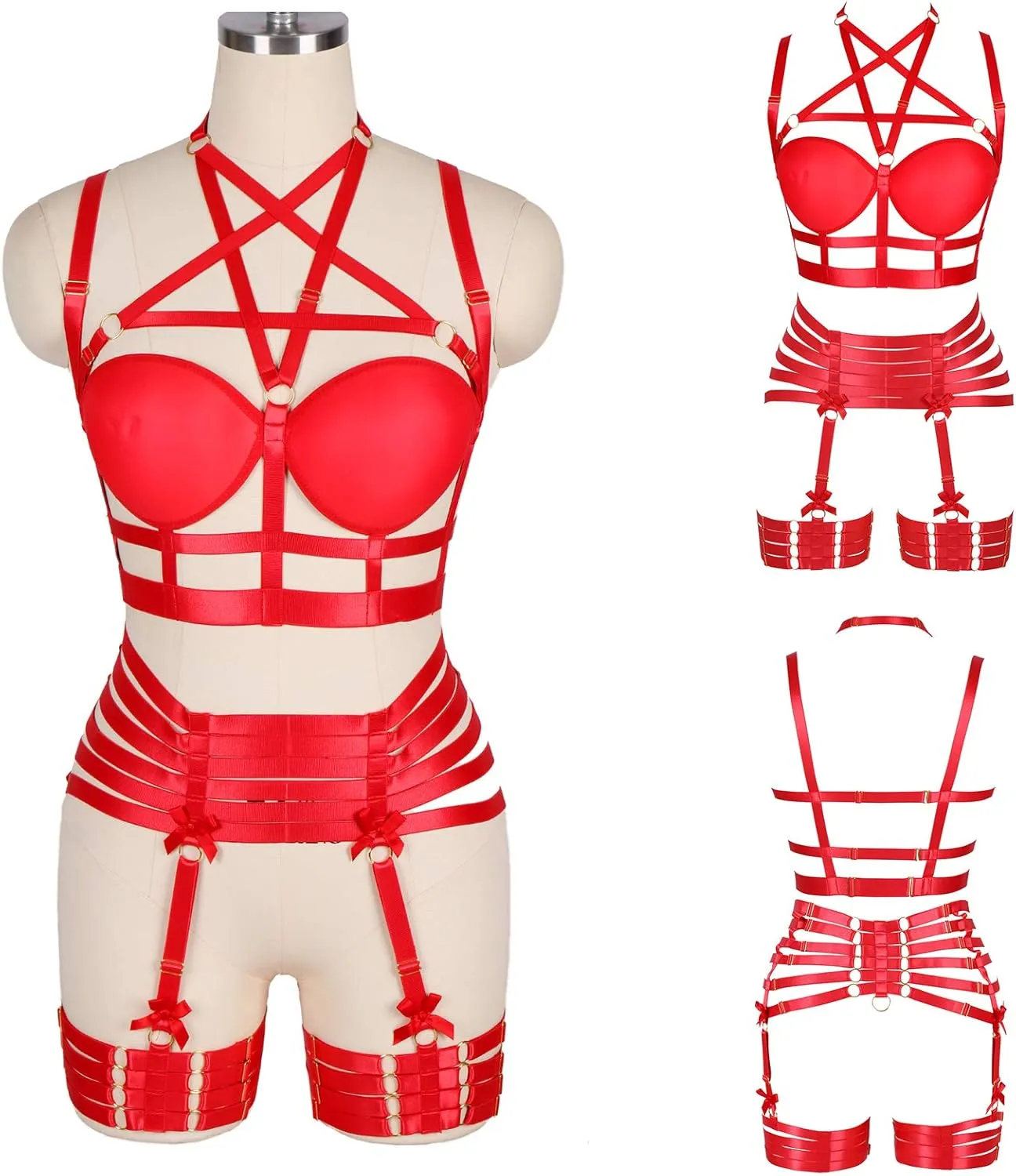 Womens Strappy Full Cage Body Harness Lingerie Garter Belt Set Elastic Hollow Tops Bralette Punk Gothic Festival Rave Wear