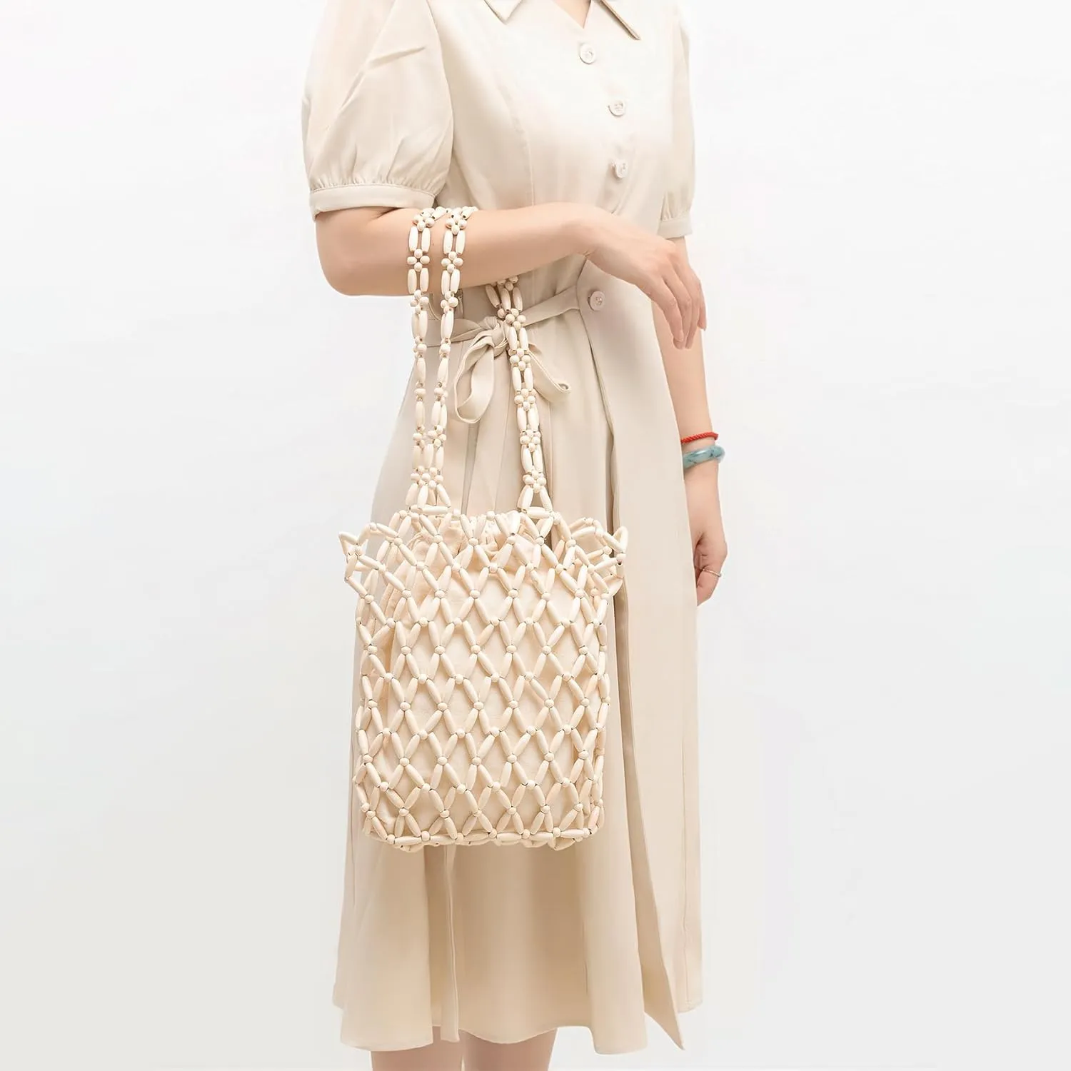 Wooden Beaded Bag Handmade Wooden Purse Beaded Shoulder Bag Woven Bags for Women