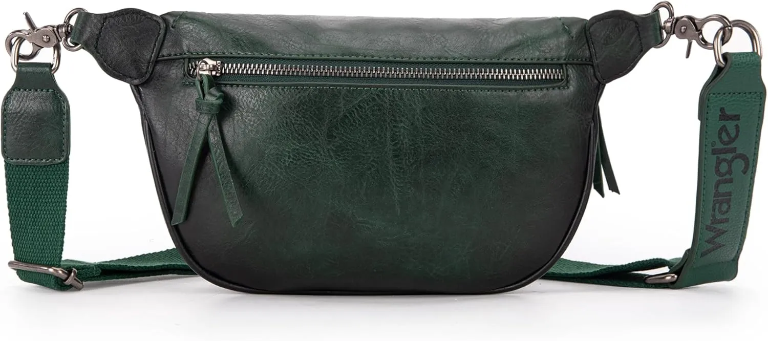 Wrangler Large Fanny Packs for Women Waist Bag Travel Belt Bags Crossbody Sling Purse Distressed Green