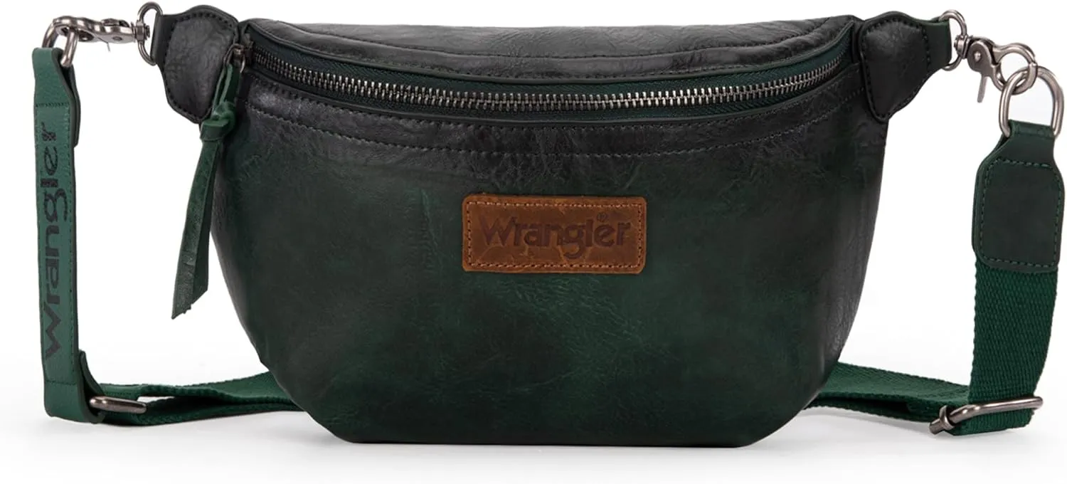 Wrangler Large Fanny Packs for Women Waist Bag Travel Belt Bags Crossbody Sling Purse Distressed Green