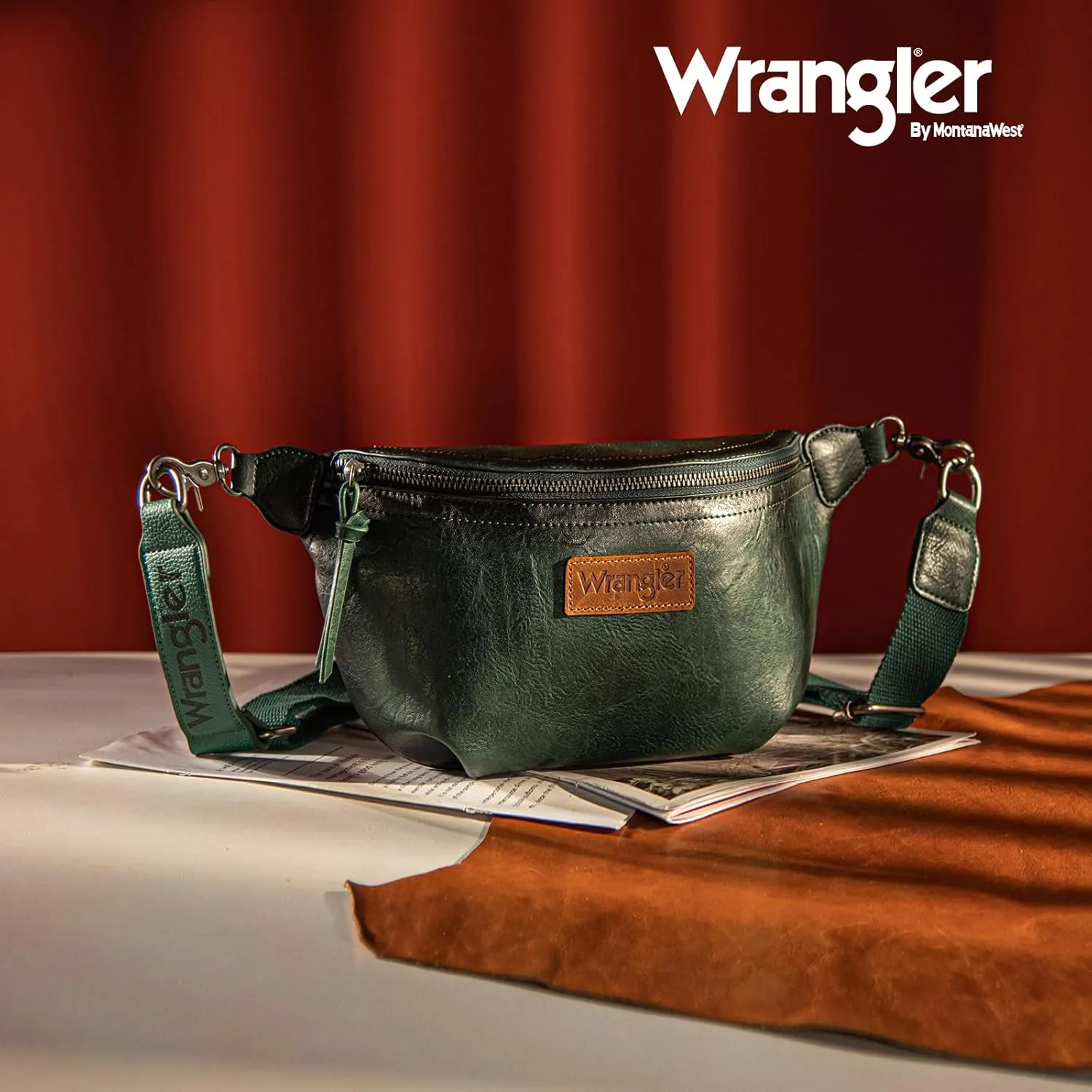 Wrangler Large Fanny Packs for Women Waist Bag Travel Belt Bags Crossbody Sling Purse Distressed Green