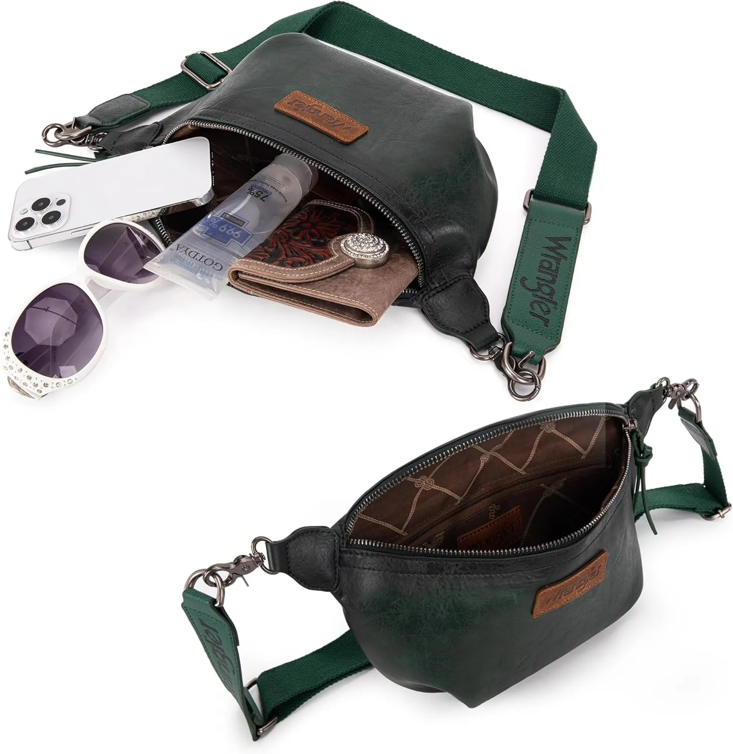 Wrangler Large Fanny Packs for Women Waist Bag Travel Belt Bags Crossbody Sling Purse Distressed Green