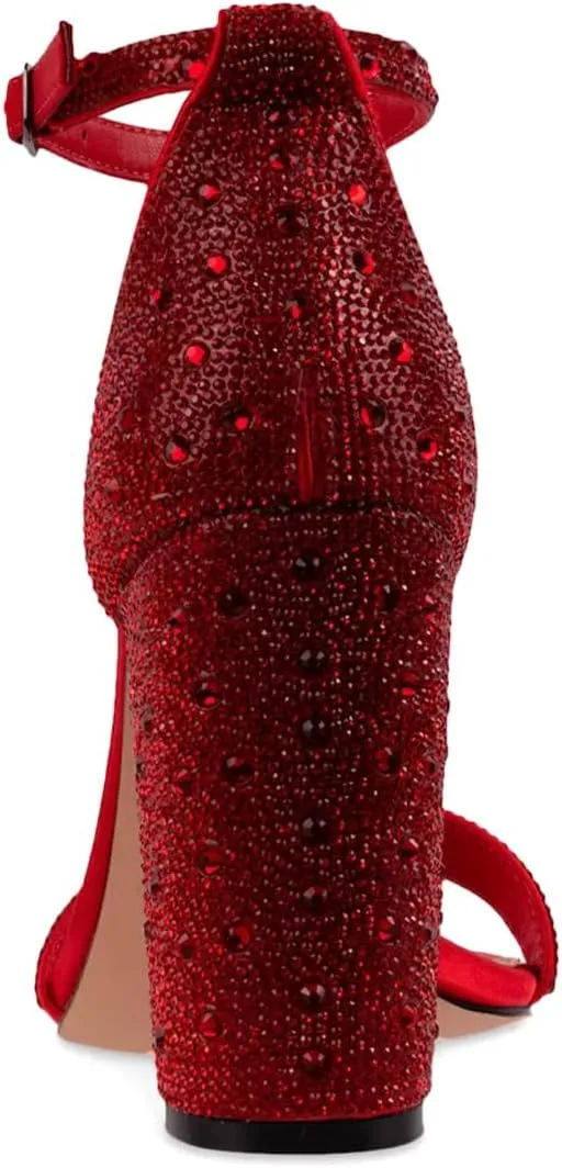XYD Women Square Open Toe Studded Rhinestone High Block Heel Bejeweled Sandal Pumps Ankle Strap Buckled Sparkling Wedding Bridal Dress Evening Shoes