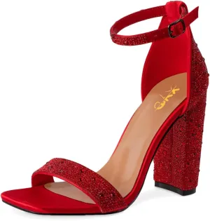 XYD Women Square Open Toe Studded Rhinestone High Block Heel Bejeweled Sandal Pumps Ankle Strap Buckled Sparkling Wedding Bridal Dress Evening Shoes