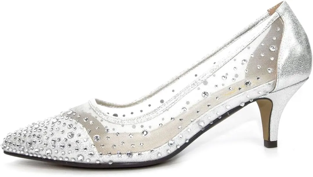 XYD Women's Pointed Closed Toe Slip On Graceful Mesh Pumps Rhinestone Studs Comfy Kitten Heels Shoes for Mother Brides Wedding Party