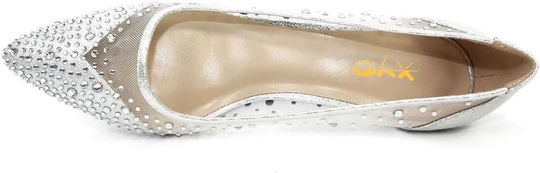 XYD Women's Pointed Closed Toe Slip On Graceful Mesh Pumps Rhinestone Studs Comfy Kitten Heels Shoes for Mother Brides Wedding Party