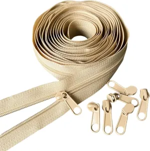 YaHoGa #5 Beige Nylon Coil Zipper Tape Roll by The Yard Bulk 10 Yards with 25pcs Pulls for Sewing Tailor DIY Craft Bags Purses Tents Pillows (NSS)