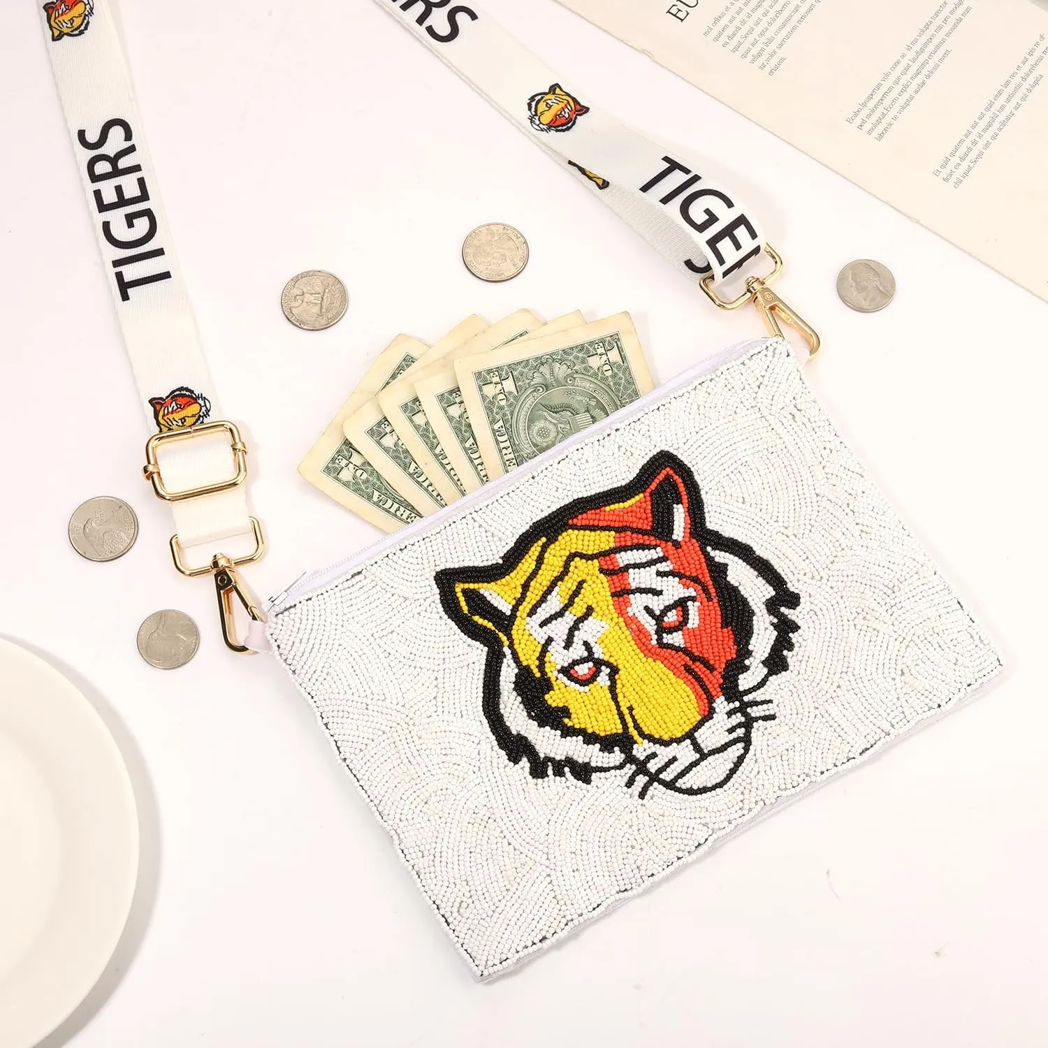 YAHPERN Tigers Purse for Women Beaded Crossbody Purse Baseball Shoulder Bag Game Day Outfits Accessories Sports Fan Gifts