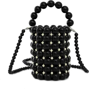 YIFEI Women Metaillic Colored Beaded Acrylic Handmade Bucket Bag with Detachable Chain
