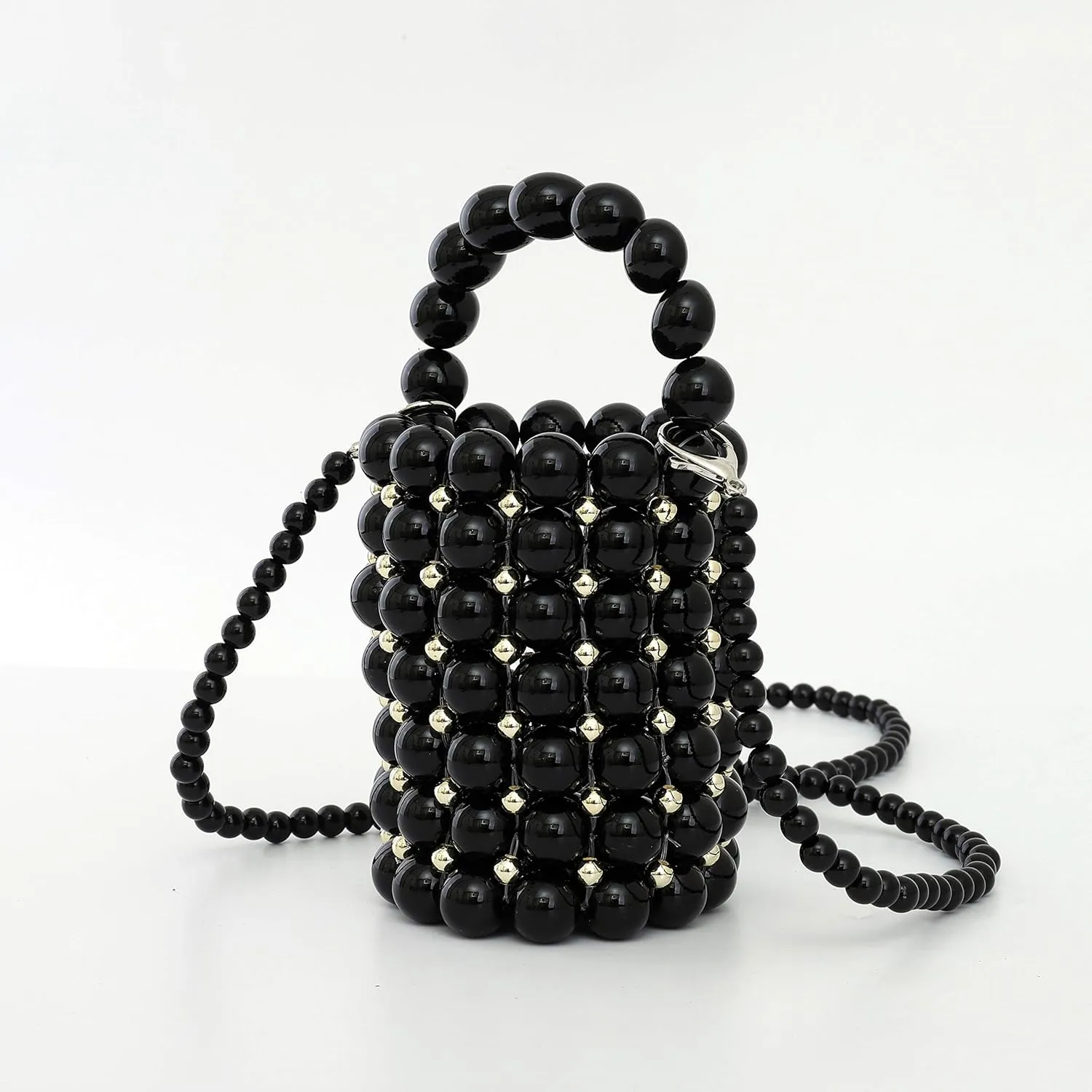 YIFEI Women Metaillic Colored Beaded Acrylic Handmade Bucket Bag with Detachable Chain