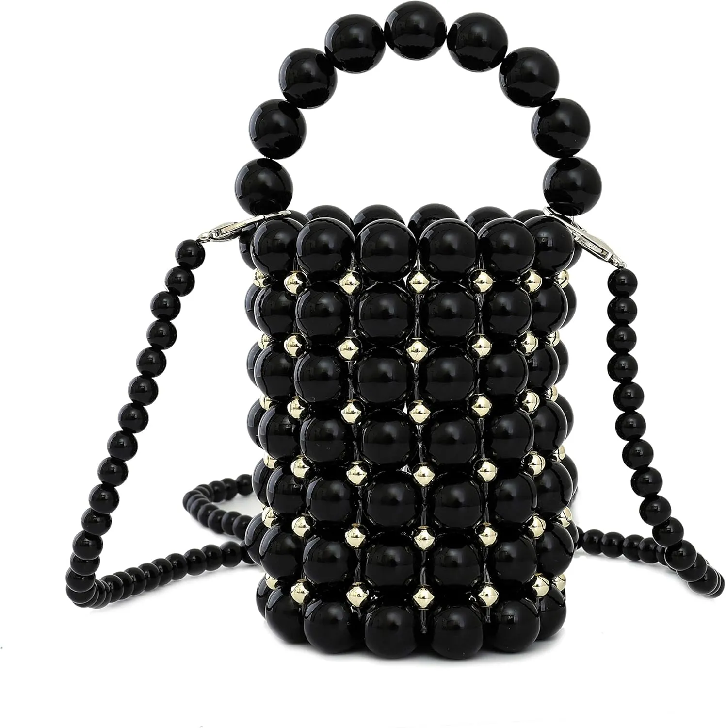 YIFEI Women Metaillic Colored Beaded Acrylic Handmade Bucket Bag with Detachable Chain