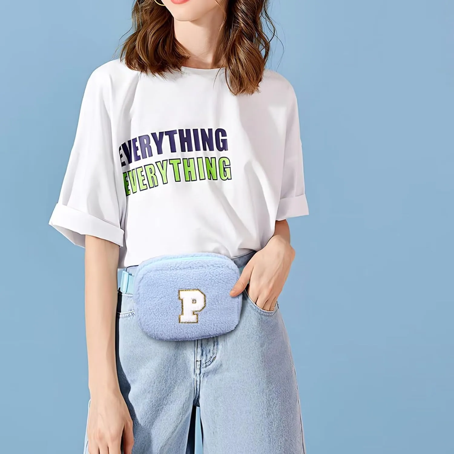 YOOLIFE Birthday Gifts for Women Daughter Sister Friends Mom Girlfriend Aunt Niece, Fleece Belt Bag Initial Fanny Pack Crossbody Bag, Blue S
