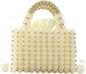 YUSHINY Women Handmade Pearl Beaded Evening Handbag Top Handle Purse with InnerBag & DustBag