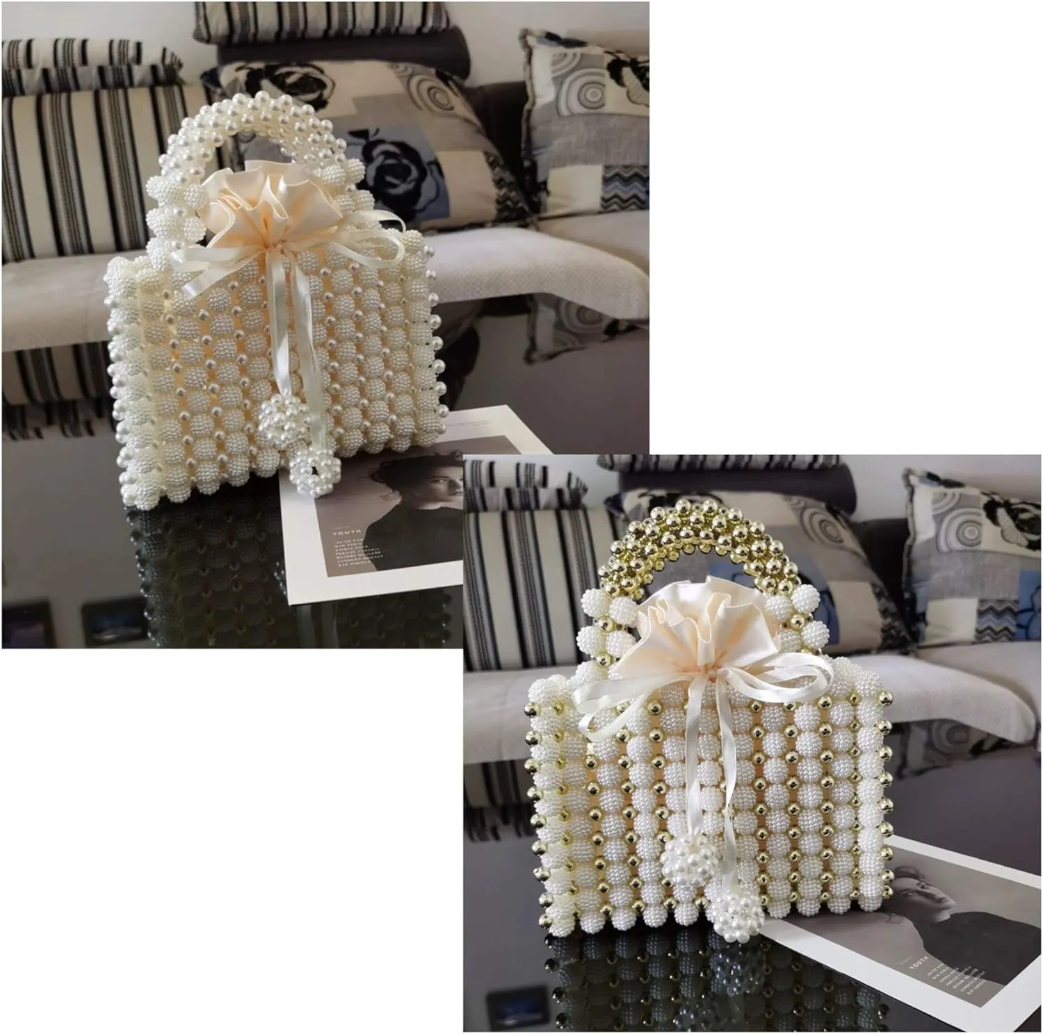 YUSHINY Women Handmade Pearl Beaded Evening Handbag Top Handle Purse with InnerBag & DustBag
